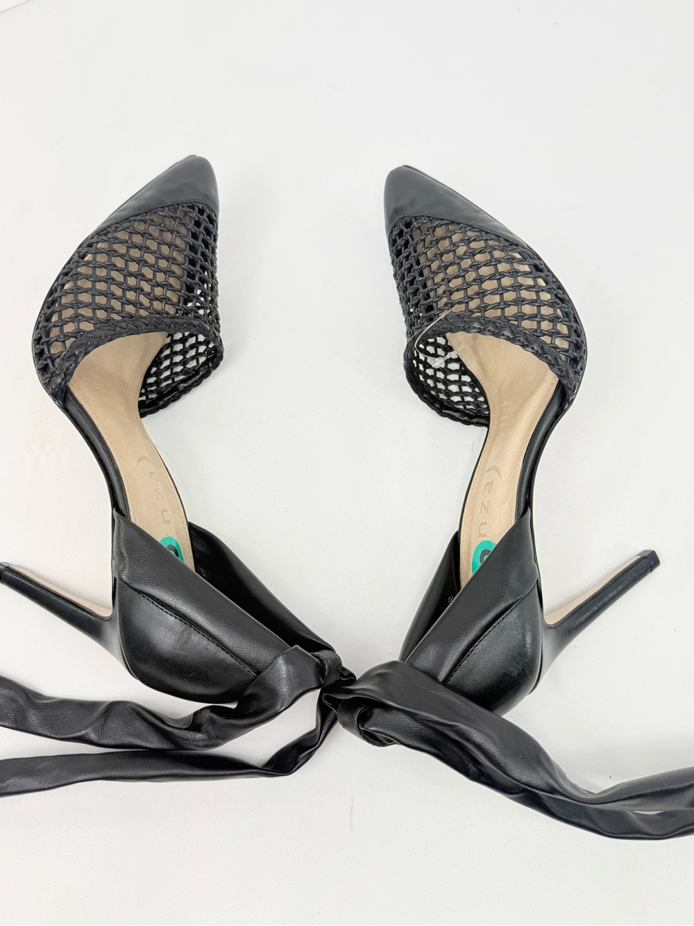 Vicenza Anthropologie Black Leather Woven Pointed Toe Wrap Ankle Strap Pump Heel - Picture 9 of 16